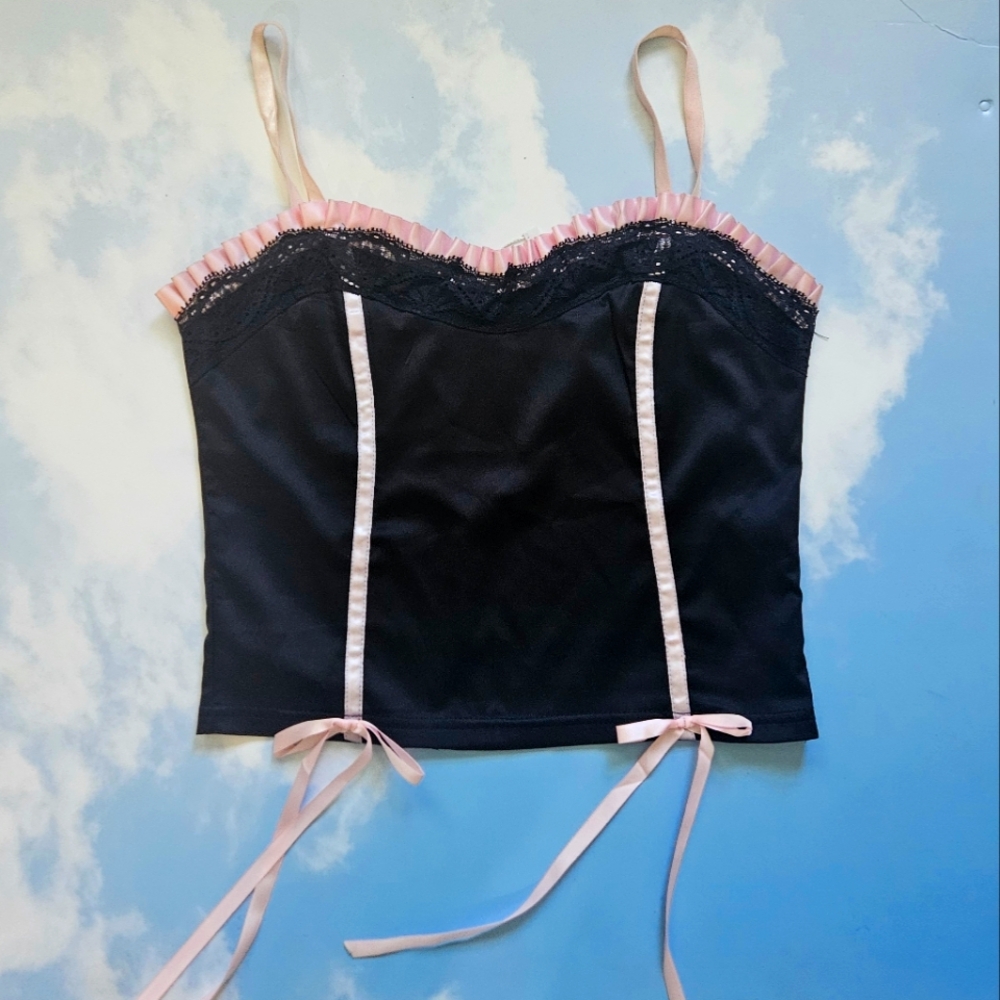 Hot Topic Lolita Black & Pink Bow Bustier Corset Bow Crop Top Viral Tank Top